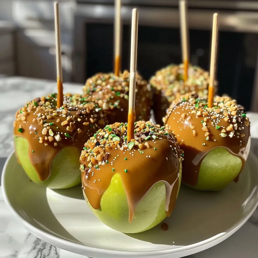 Close-up of shiny dairy-free caramel-coated apple on a stick, surrounded by a soft focus.