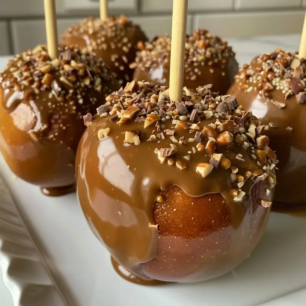 Side view of a delicious dairy-free caramel apple, showcasing its glossy surface and popsicle stick.