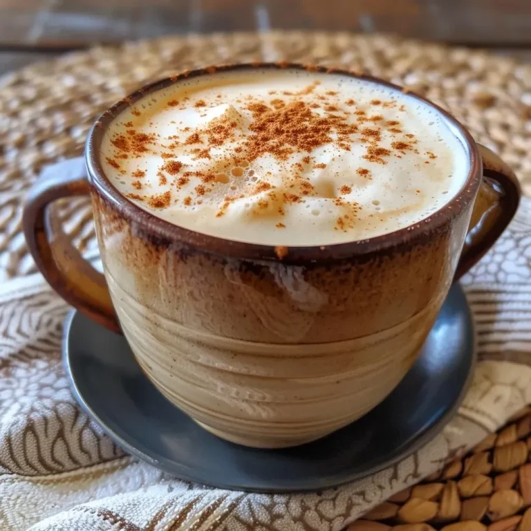 Close-up view of a creamy dairy-free pumpkin spice latte in a clear glass, topped with froth and a sprinkle of spice.