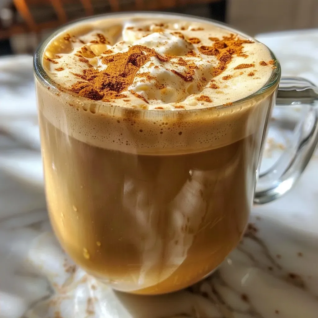 Side view of a warm dairy-free pumpkin spice latte served in a glass, showcasing its rich color and foam layer.