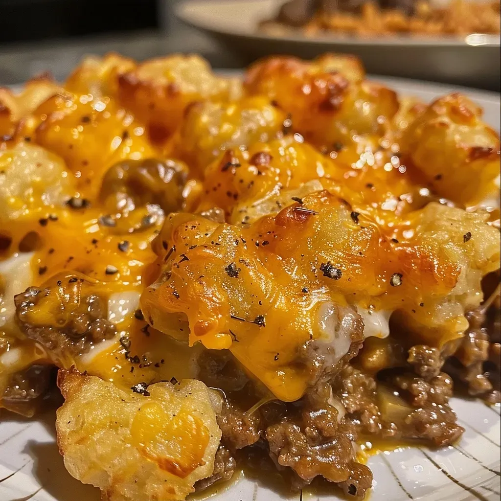 Close-up of a delicious casserole with a golden crust and tater tots on top.