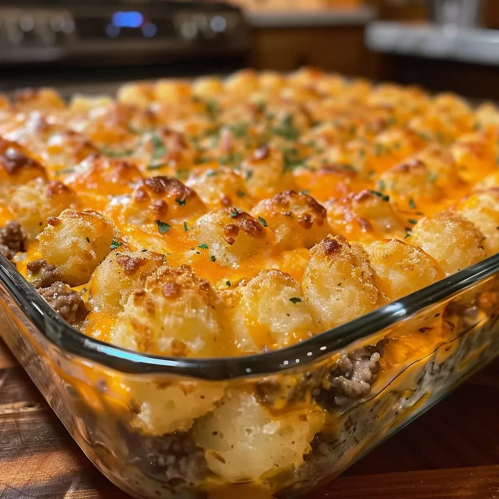 Side view of a juicy ground beef casserole with melted cheese and crispy tater tots.
