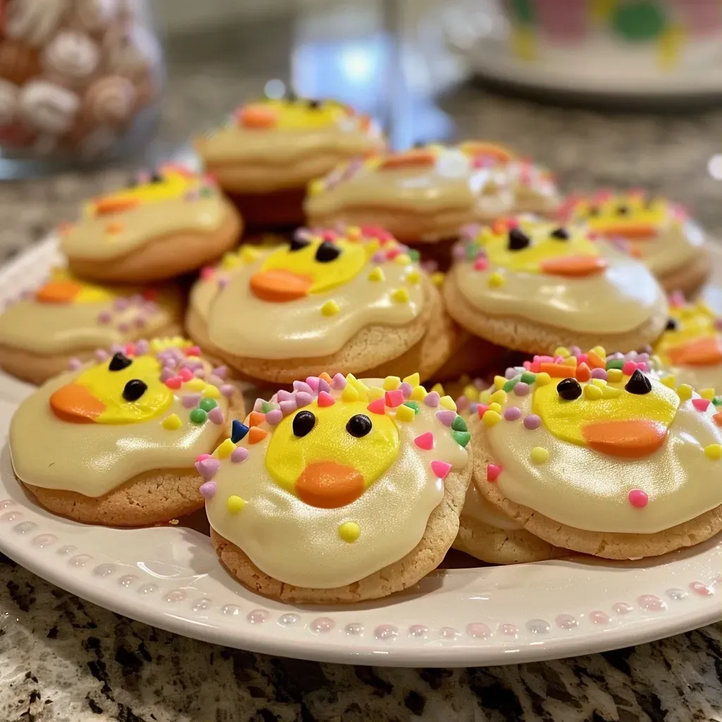 Close-up view of vibrant Duckie Lemon Sugar Cookies with a glossy finish.
