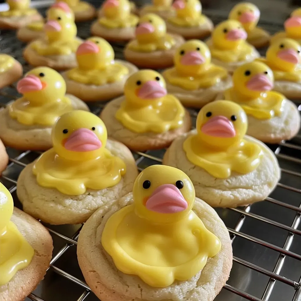 Side view of freshly baked Duckie Lemon Sugar Cookies, decorated and colorful.