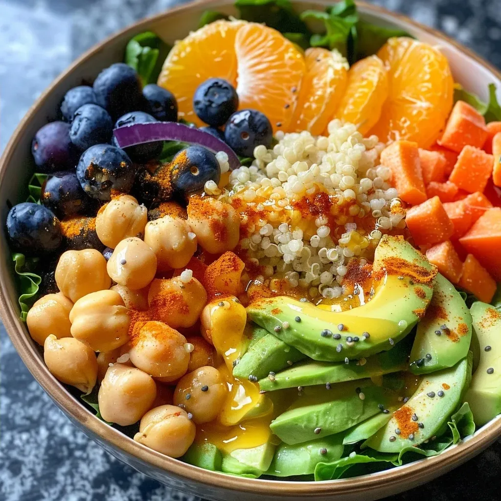 An appetizing Buddha bowl filled with chickpeas, avocado, and mandarin slices, photographed from the side.
