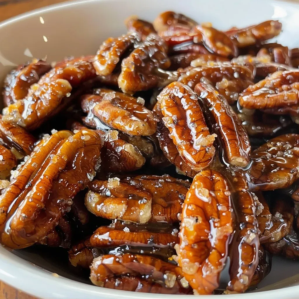 Close-up side view of shiny candied pecans on a white surface.
