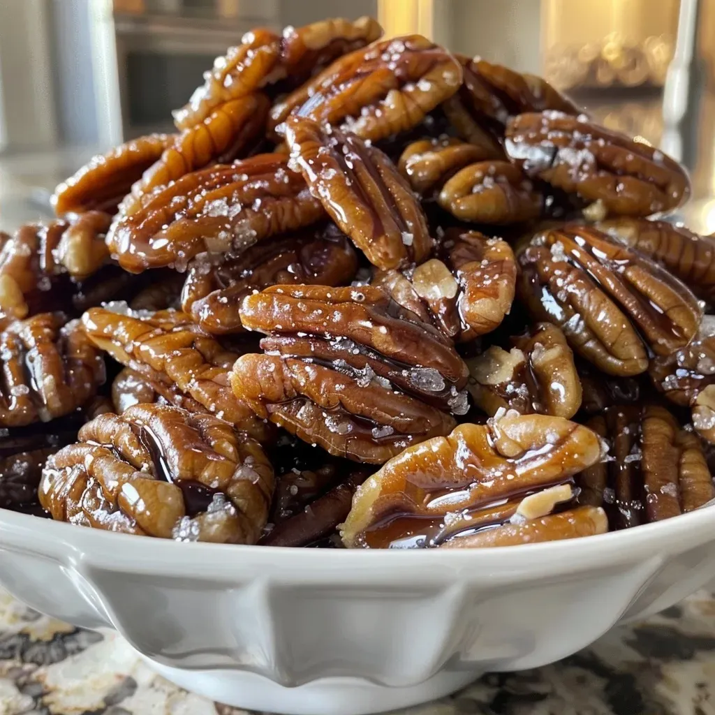 A detailed view of golden-brown candied pecans glistening in light.
