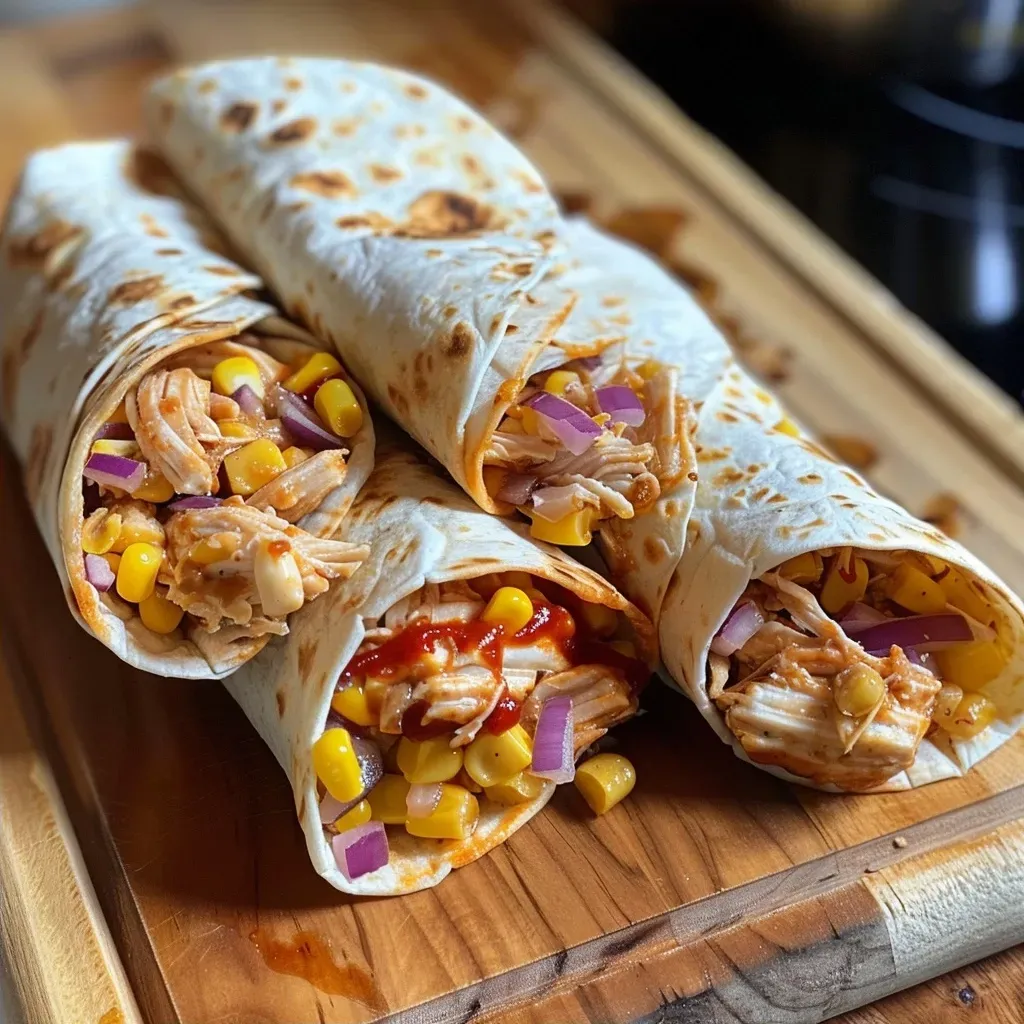Side view of Easy Chicken Wraps showcasing layers of chicken, vegetables, and cheese.