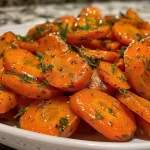 Close-up of glazed carrots glistening with a shiny coating.