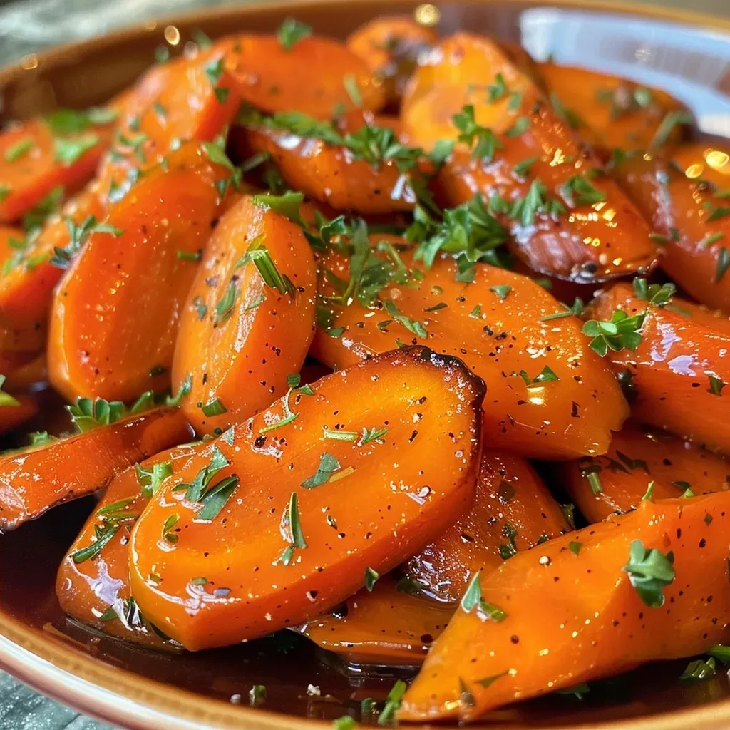 Side view of vibrant orange glazed carrots on a plate.