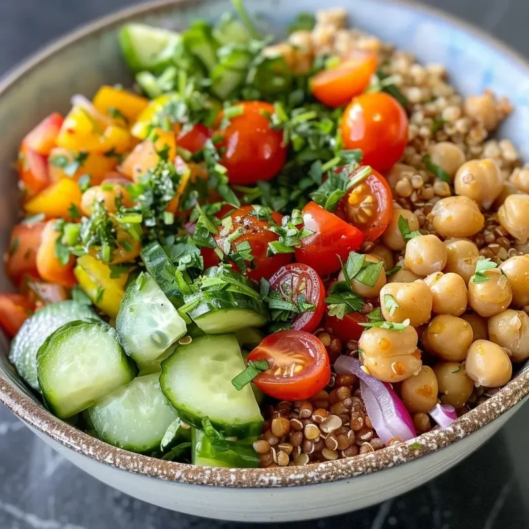 Close-up view of a colorful Easy Grain Bowl featuring quinoa, chickpeas, and fresh vegetables.