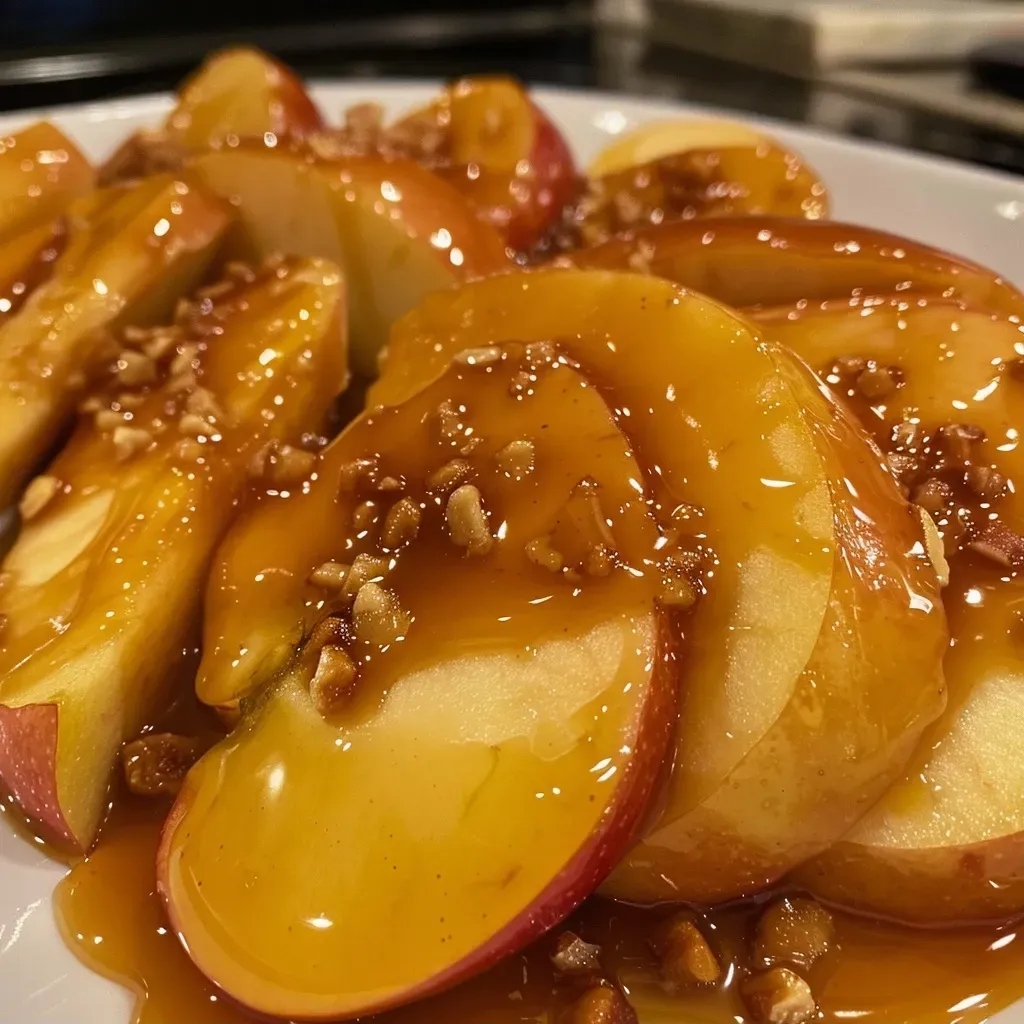Close-up view of sliced caramel apples drizzled with golden caramel.