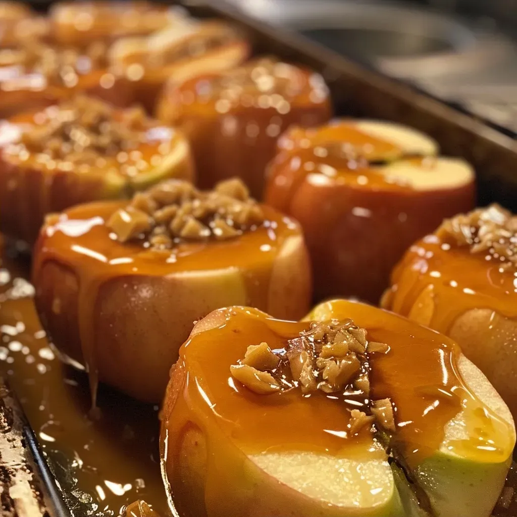 Side view of juicy apple wedges coated in rich caramel sauce.