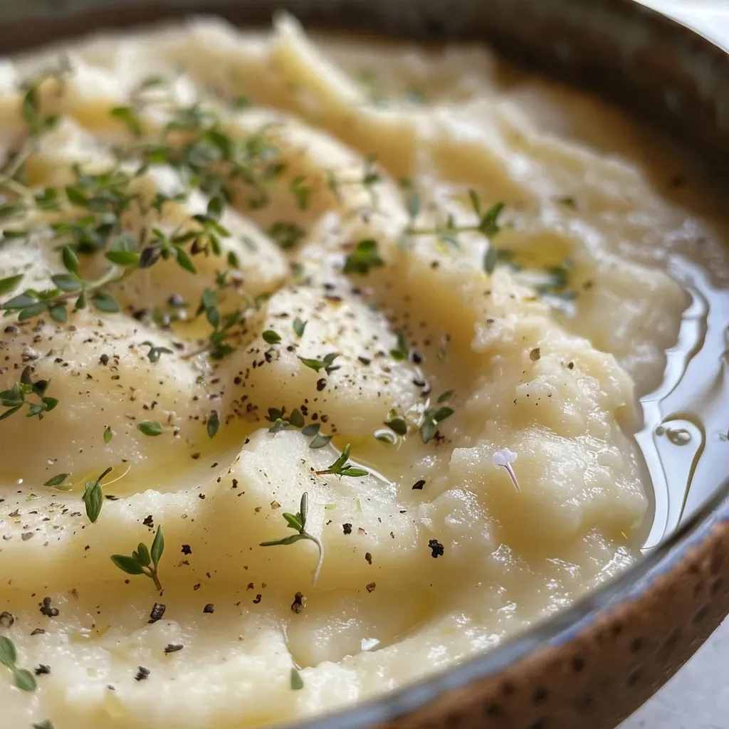 Creamy parsnip purée in a bowl, garnished with thyme.