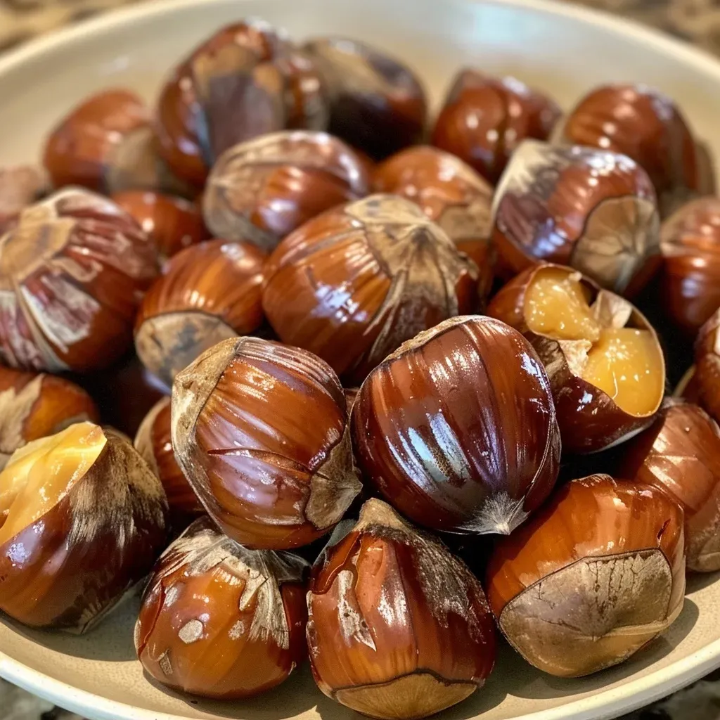 Side angle of warm, roasted chestnuts in a rustic setting.