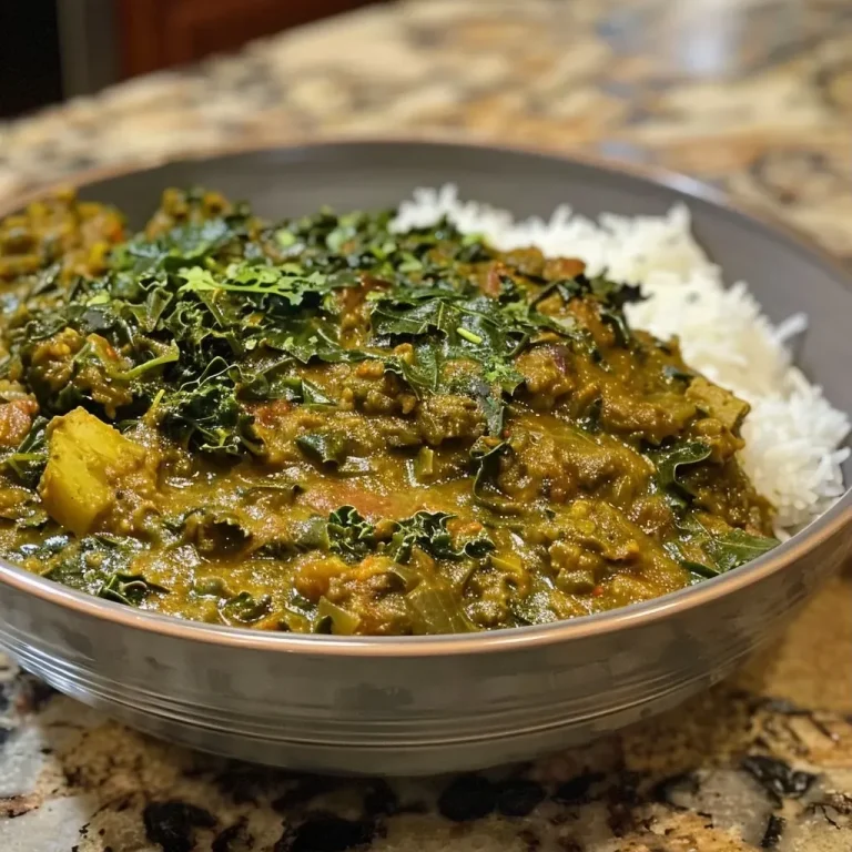 Close-up of a creamy saag dish with vibrant green spinach and herbs.