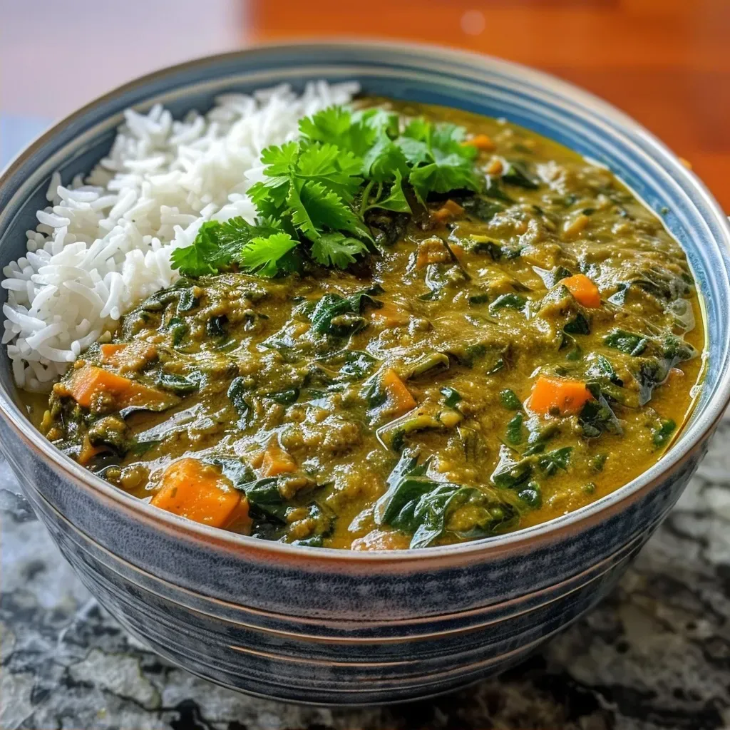 Side view of a bowl filled with Easy Slow Cooker Saag and a serving of rice.
