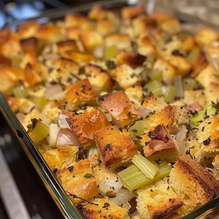Close-up view of a delicious plate of easy stuffing with diced onions and celery.