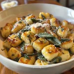 Close-up view of golden brown butter and sage gnocchi on a plate.