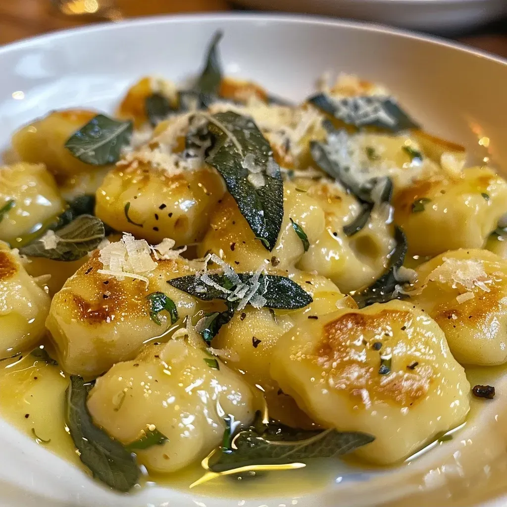 Side perspective of delicious potato gnocchi garnished with fresh sage leaves.