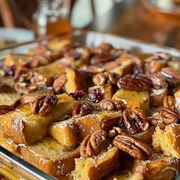 Indulgent French Toast Casserole with Pecans: A Protein-Rich Weekend Treat A close-up view of French Toast Casserole topped with chopped pecans, served in a baking dish.