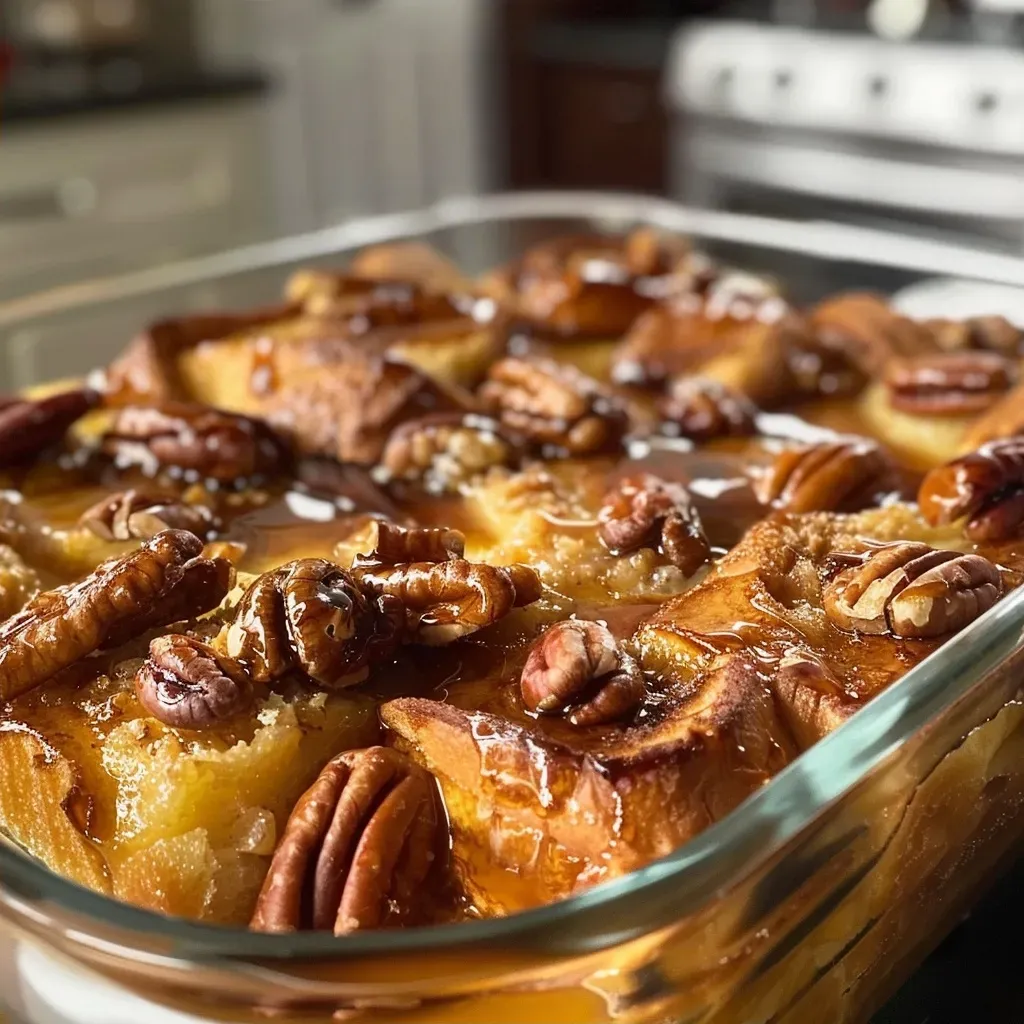 Golden-brown French Toast Casserole with pecans, showing a side view with a soft texture.