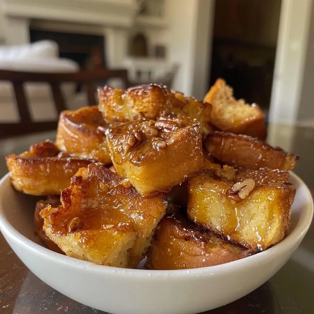 Side view of freshly baked French Toast Muffins showcasing their fluffy interior.