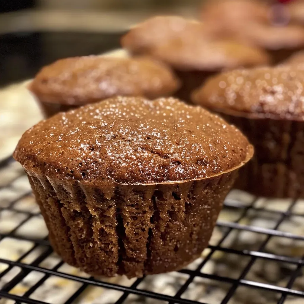 Close-up shot of gingerbread muffins showing a moist texture and rich color.