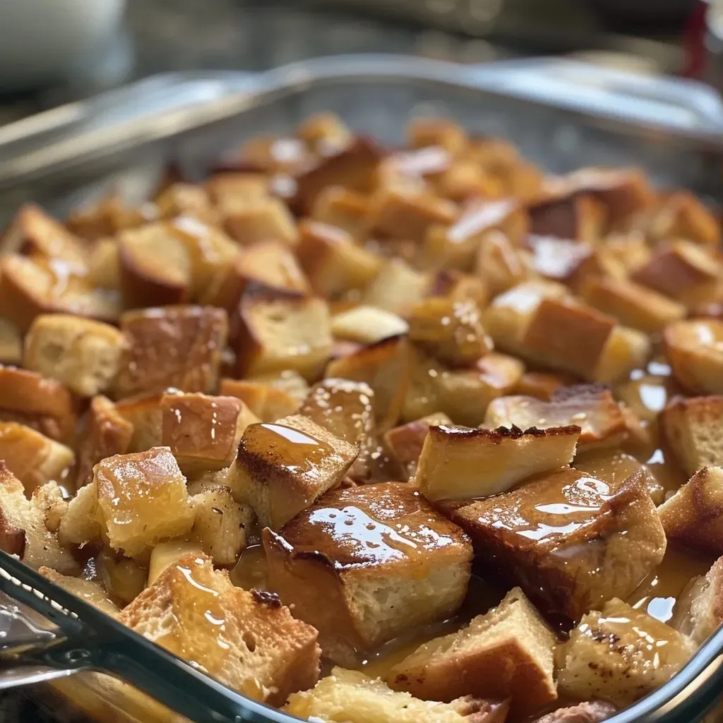 Close-up view of a gluten-free French toast casserole topped with pecans and syrup.