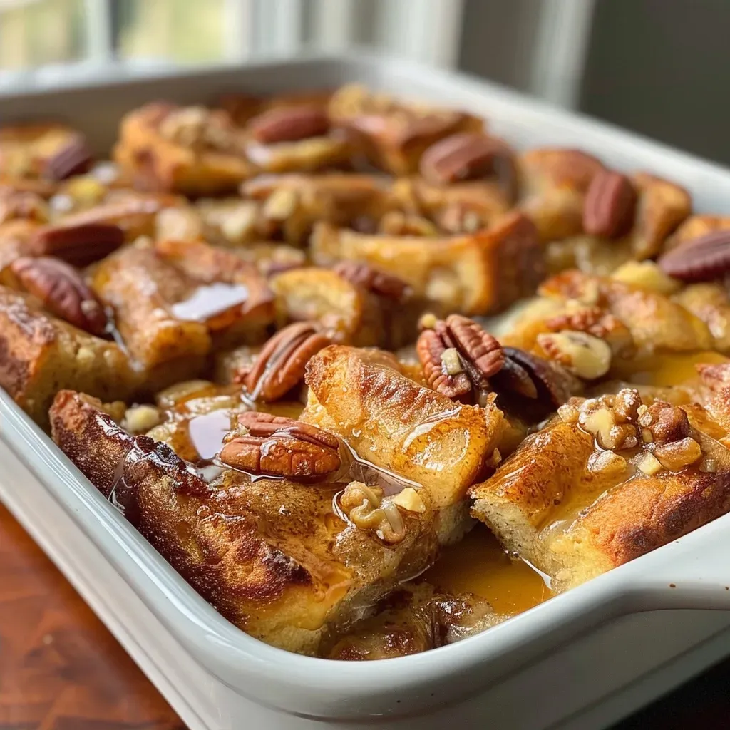 Side view of a baked gluten-free French toast casserole with a drizzle of maple syrup.