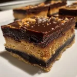 Close-up of juicy gluten-free millionaire bars with a rich chocolate layer.