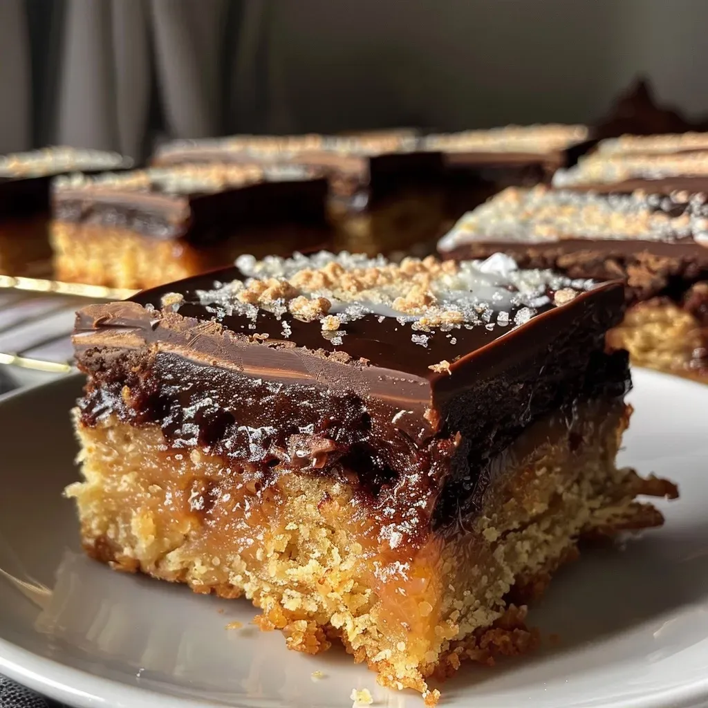 Side view of delectable gluten-free millionaire bars showcasing layers of chocolate and caramel.