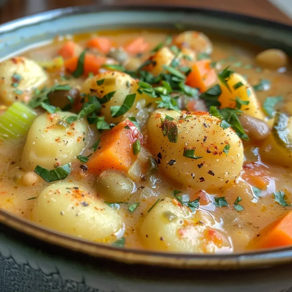 Side view of creamy Gnocchi Soup garnished with herbs and served in a bowl.