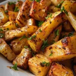 Close-up view of golden roasted parsnips with a glossy finish.