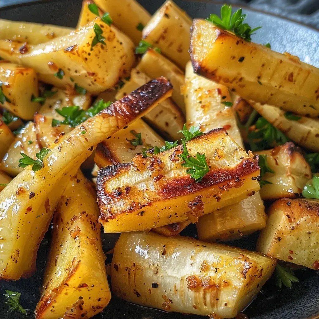 Side view of crispy, golden brown parsnips on a white plate.