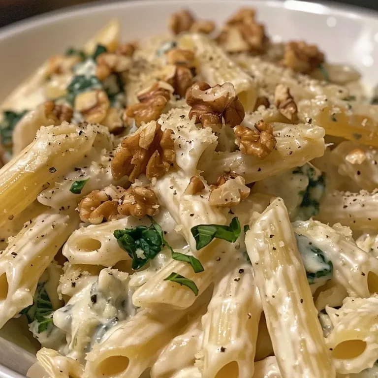 Close-up view of Gorgonzola Pear Pasta with toasted walnuts.