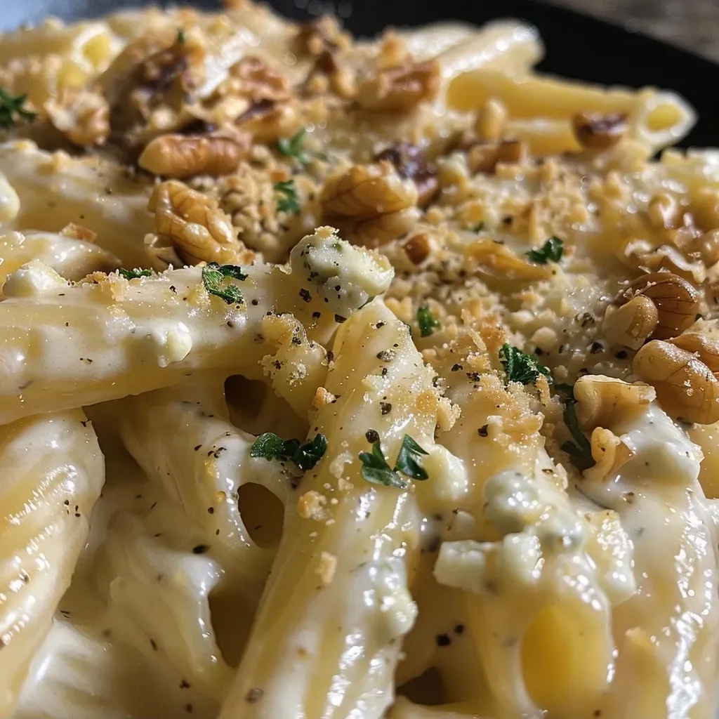 Side view of a bowl of creamy Gorgonzola Pear Pasta with grated pear and chopped walnuts.