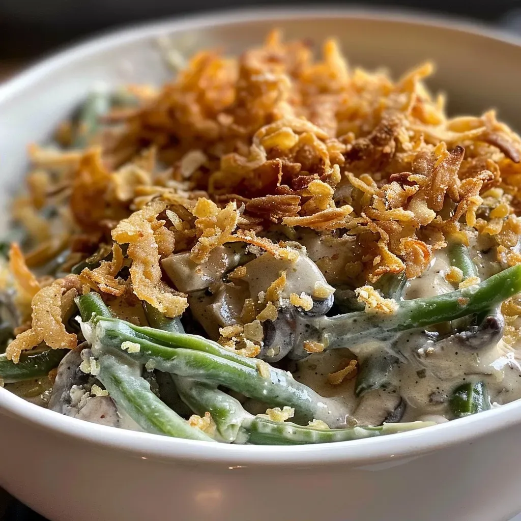 Side profile of a baked green bean casserole with a golden onion topping.
