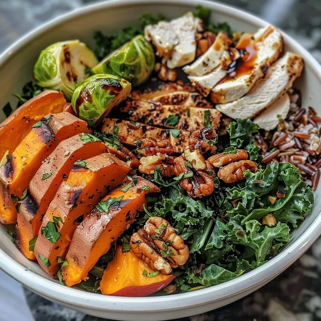 Side perspective of a Harvest Bowl showcasing vibrant vegetables and protein.