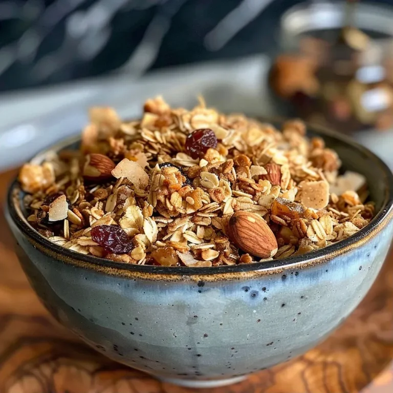 Close-up view of golden-brown hazelnut granola in a bowl, showcasing crunchy oats and nuts.