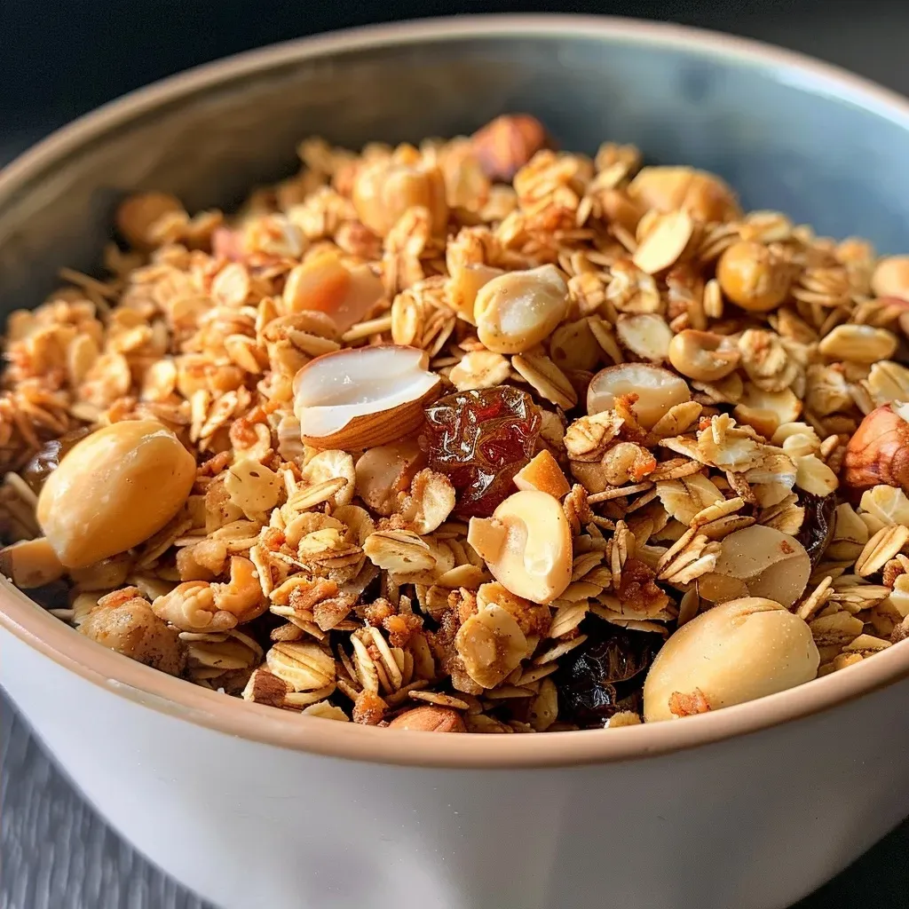 Side view of freshly made hazelnut granola with visible oats, hazelnuts, and dried cherries.