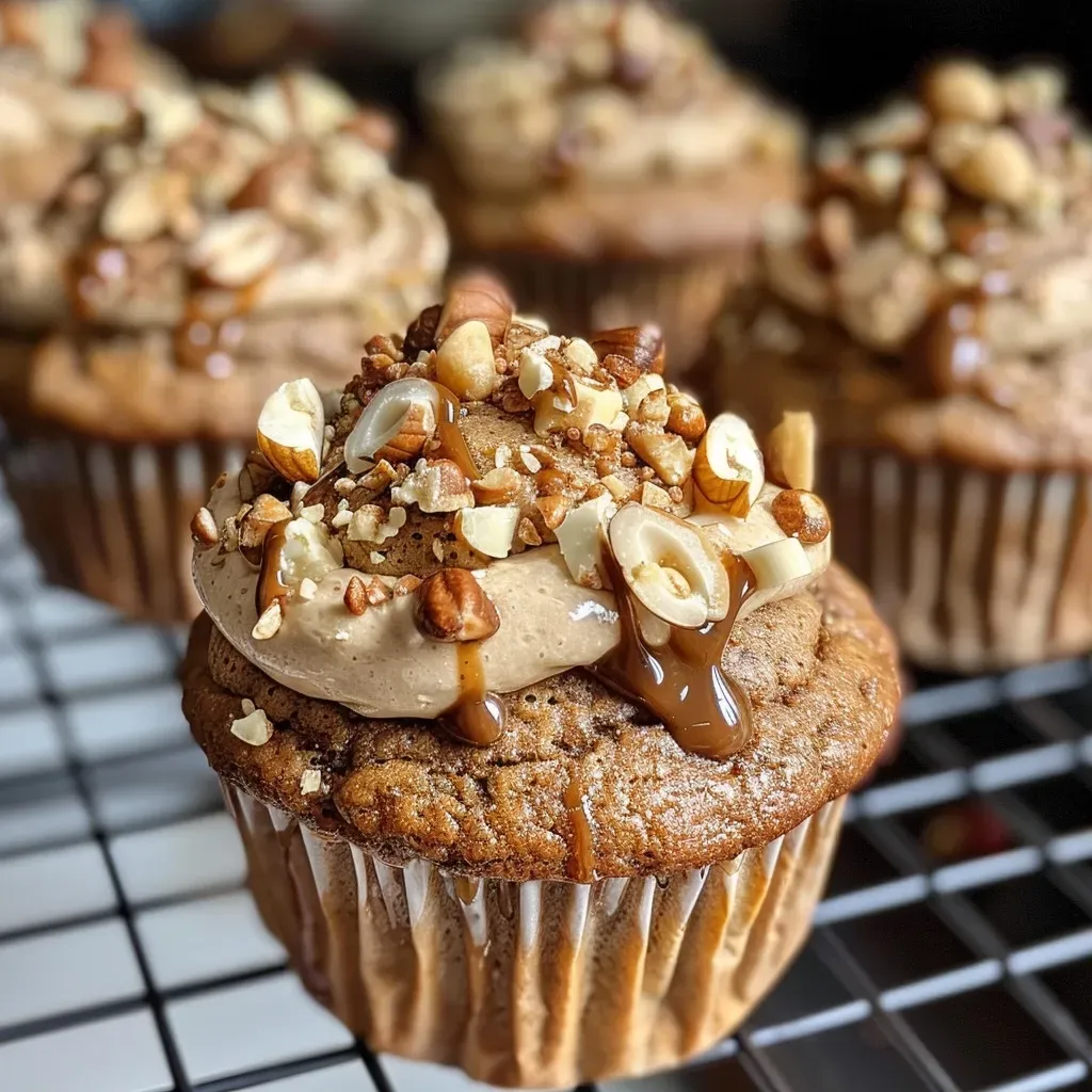 Close-up side view of a hazelnut muffin topped with creamy coffee frosting.