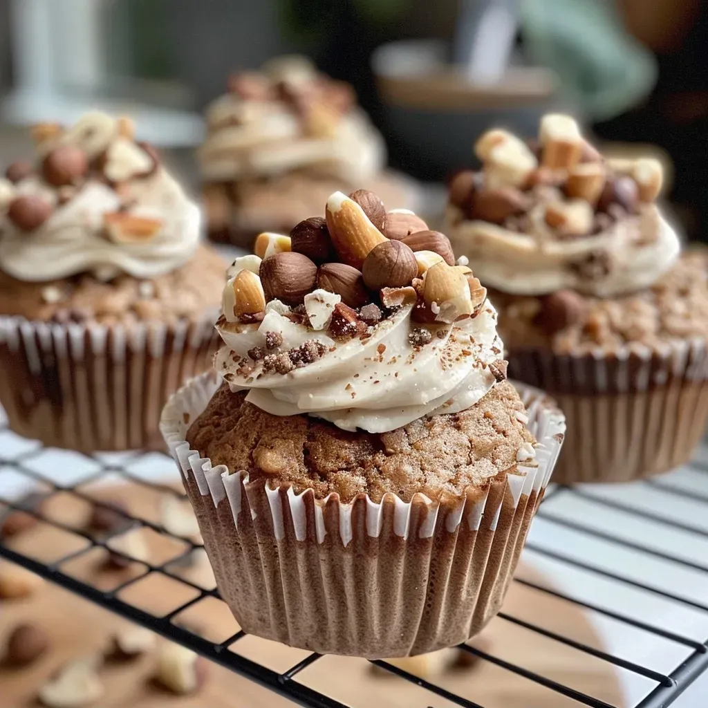 Juicy hazelnut muffin with a smooth coffee cream cheese topping, captured close up.