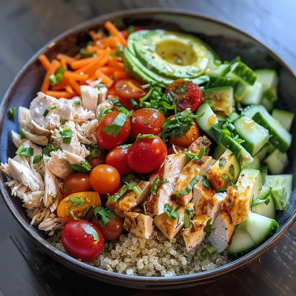 Close-up view of a vibrant healthy grain bowl featuring quinoa, shredded chicken, and fresh vegetables.