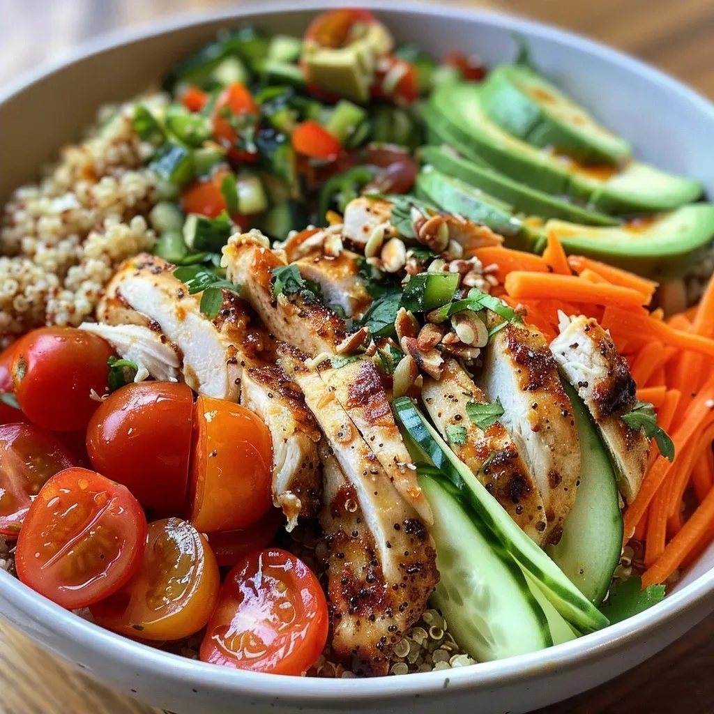Side profile of a colorful grain bowl with strawberries, cucumbers, and avocado slices arranged neatly.