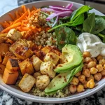 A vibrant Buddha bowl filled with quinoa, chickpeas, and assorted vegetables.