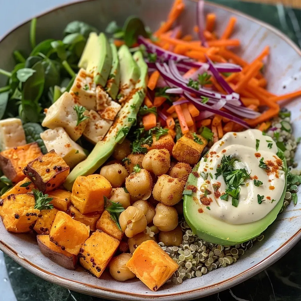 Close-up view of a nutritious Buddha bowl featuring diced sweet potatoes and avocado.