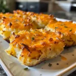 Close-up view of golden-brown cheesy mashed potato puffs on a plate.
