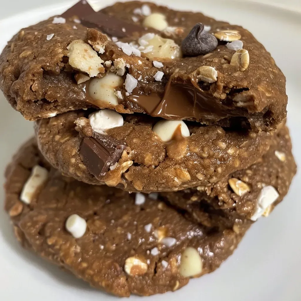 Close-up of soft, chewy high protein cookies with dark chocolate chips.