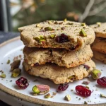 Close-up view of High-Protein Cranberry Pistachio Shortbread Cookies arranged on a plate.
